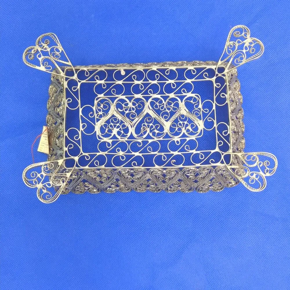 VTG USSR Silver Tone Filigree Wire Candy Flower Petal Basket with Feet Hearts